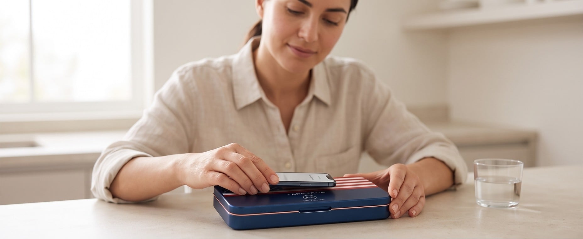 A woman holds her phone to the lid of her closed TapStack.