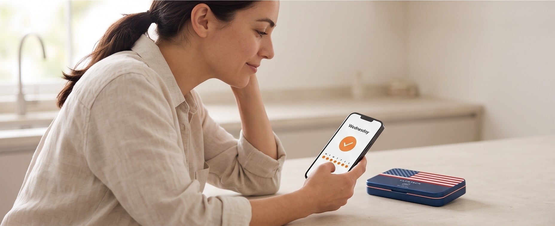 She looks at the week’s log on her phone, the closed TapStack beside her.
